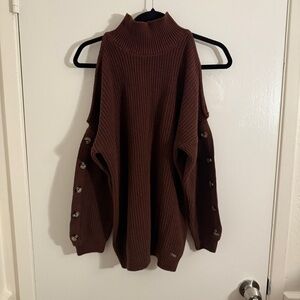 Guess Women's Burgundy Brown Turtleneck Sweater with Button Details Small